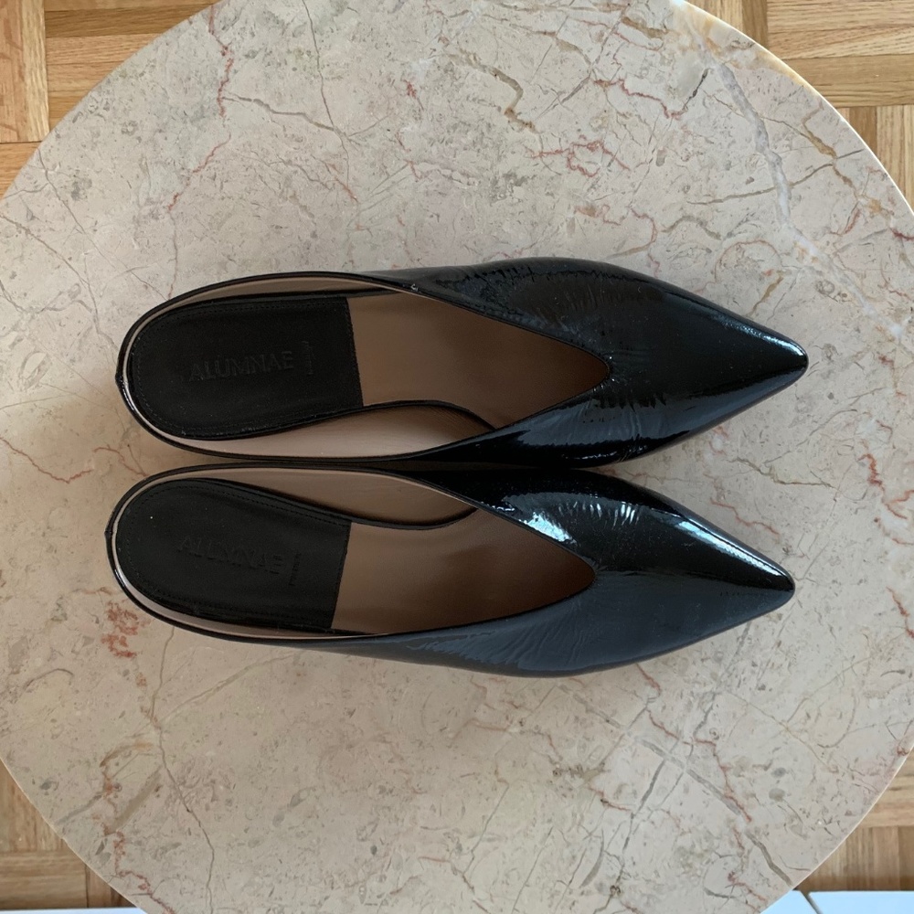Alumnae Black Patent Leather Mules